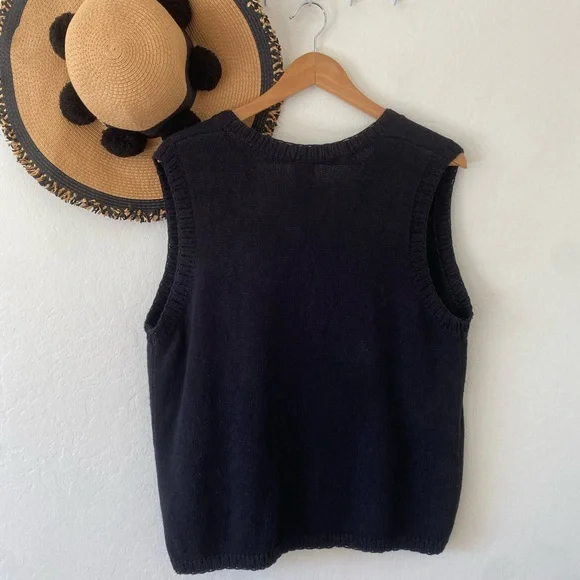 Vintage Y2K Autumn Fall Leaves Embroidered Black Ramie Cotton Knit Sweater Vest - Picture 3 of 9